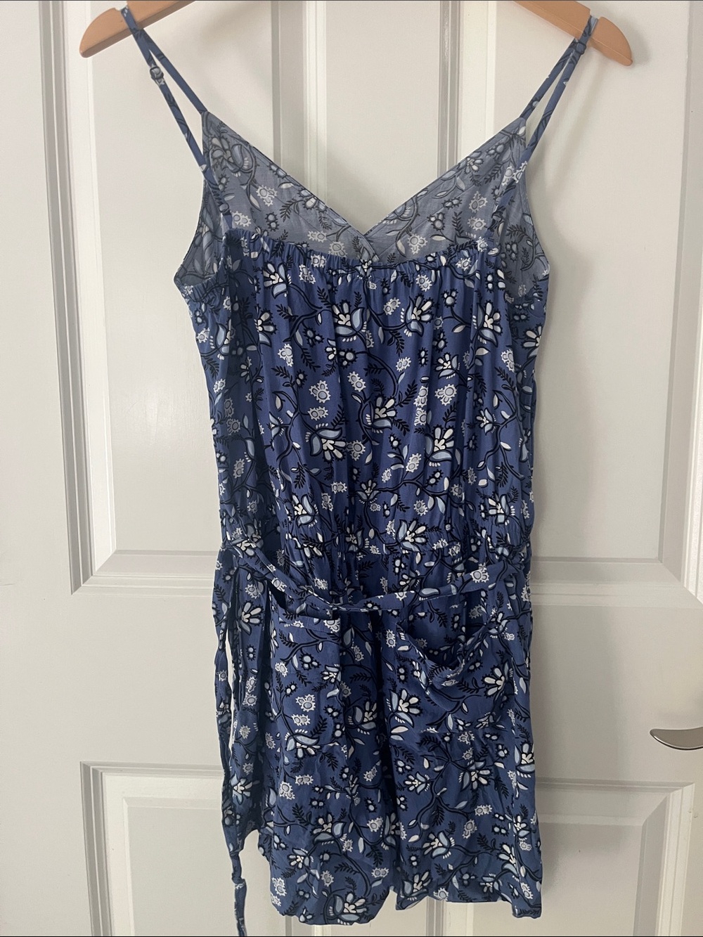 loft blue floral romper spaghetti strap rayon cinch waist summer Small petite - Picture 5 of 7